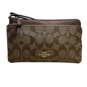 Coach Women’s Brown Signature Coated Canvas Double Zip Wristlet Clutch Size S